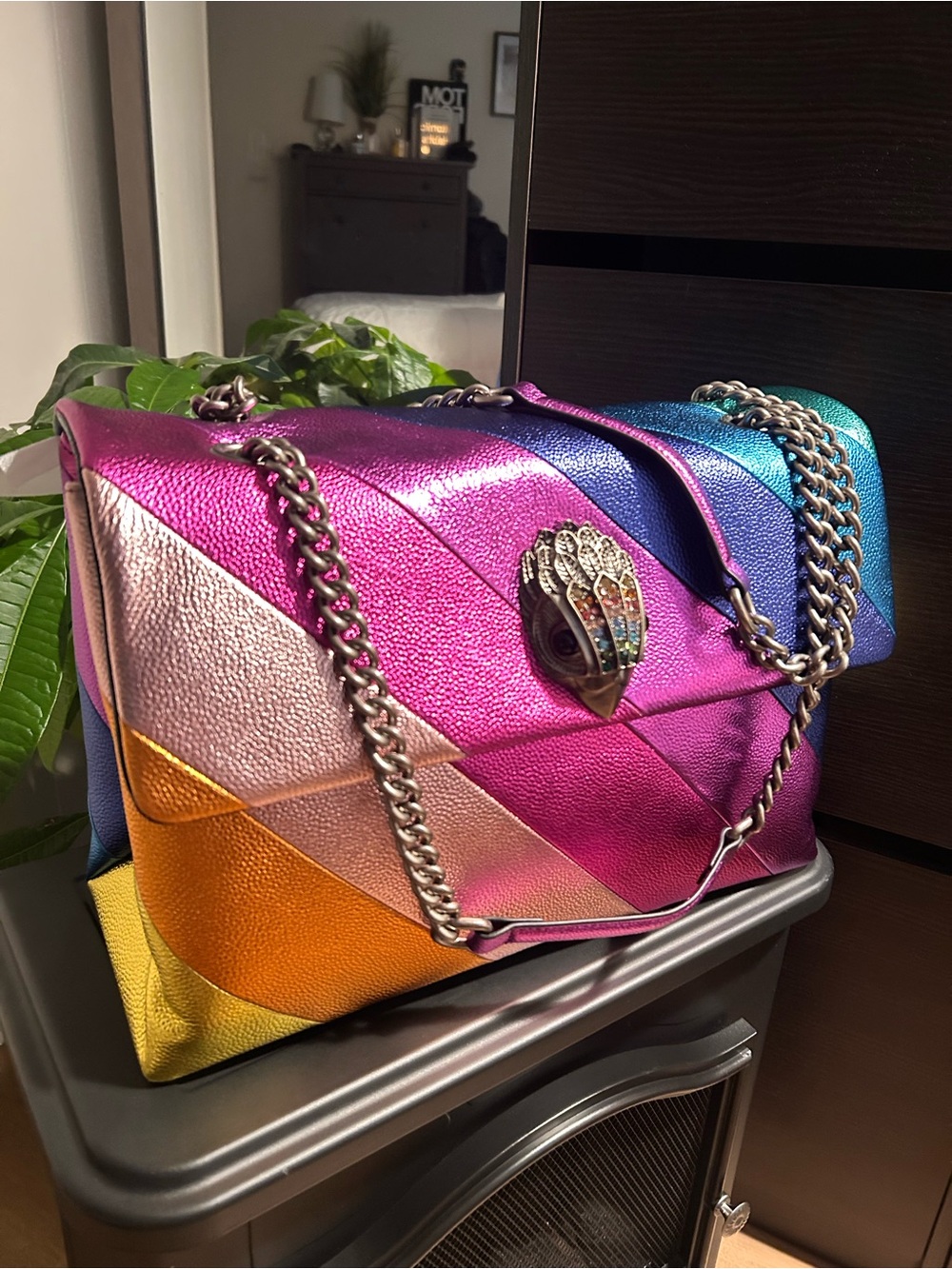 Last Bag! Kurt Geiger London XXL Leather Kensington Metallic Rainbow Stripes